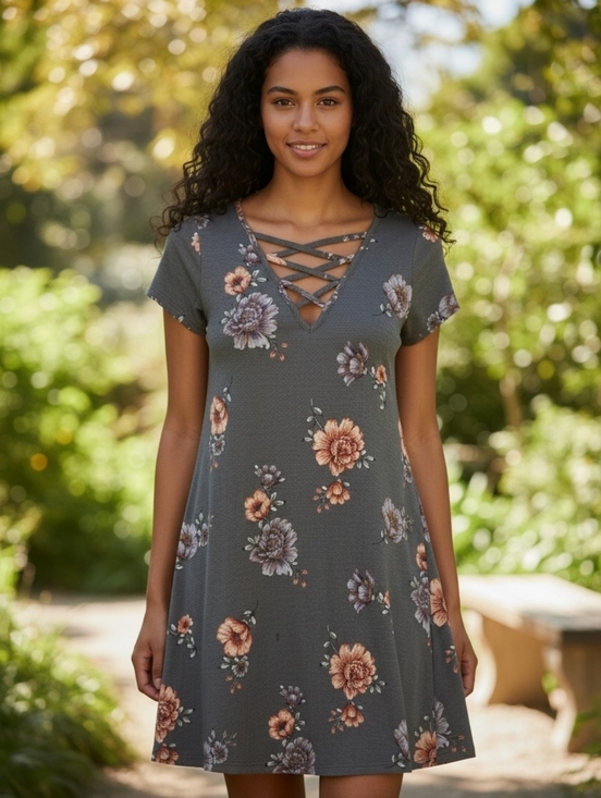 love, Fire Dresses & Skirts - Women's Love Fire Gray Floral Ribbed Mini Dress SP